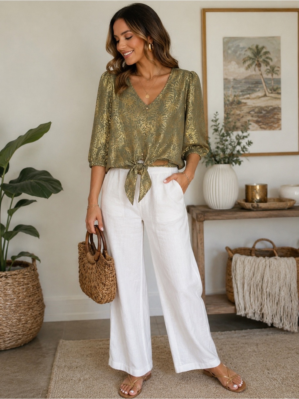 Olivia & Martin Olive Green Gold Tropical Leaf Tie Front Blouse Medium Puff